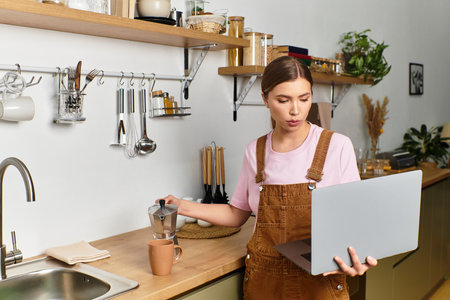 A young beautiful woman is preparing coffee while multitasking on her laptop in a stylish kitchen.のeditorial素材