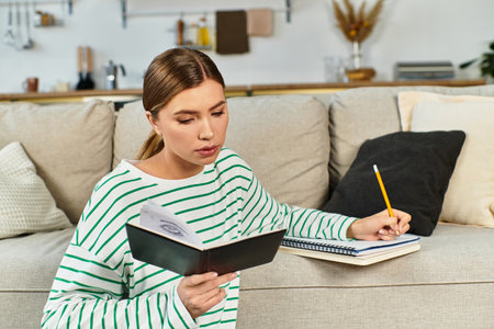 A young woman relaxes in a stylish living room, absorbed in her reading and taking notes.のeditorial素材