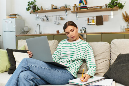 A young woman relaxes on a couch, focused on her laptop and jotting notes.のeditorial素材