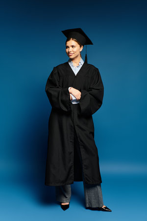 A beautiful young woman wears a graduation gown and cap, radiating excitement and achievement.