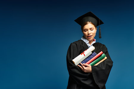 A young beautiful woman in a graduation cap embraces her diplomas, radiating happiness.の写真素材
