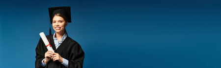 A young beautiful woman wearing a graduation cap and gown holds her diploma, radiating joy.の写真素材