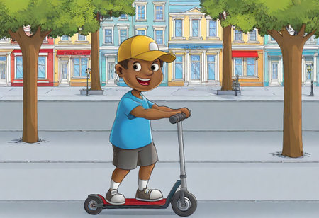 A cheerful boy scoots along a lively street filled with colorful buildings and trees, illustrationの素材