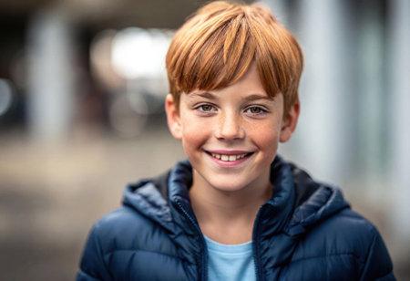 Joyful redhead child stands confidently with a warm smile, wearing a cozy jacket in an urban backdrop.の素材