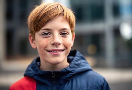 A young redhead boy with bright eyes and tousled hair smiles warmly against a modern city backdrop.の素材