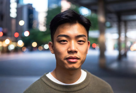 A confident young asian man stands in the busy city, illuminated by glowing lights.の素材