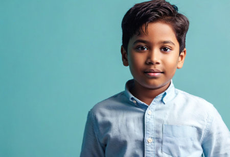 A charming boy confidently poses with a warm expression against a calming blue background.の素材
