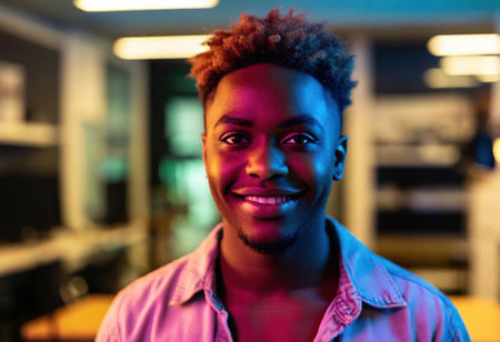 An attractive african american person smiles warmly in a well-lit, contemporary workspace filled with colors.の素材