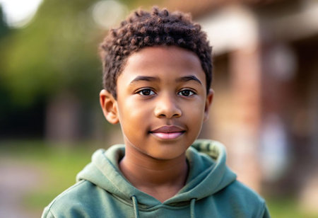 An african american boy stands confidently outdoors, embracing the warmth of the day with a cheerful expression.の素材