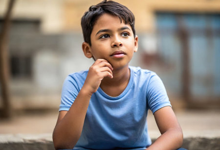A young boy sits quietly, lost in thought, enjoying a moment of peace outside on a warm day.の素材