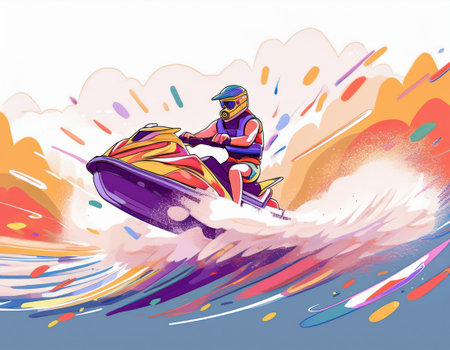 Exciting jet ski adventure unfolds as a rider speeds over colorful waves at sunset.の素材
