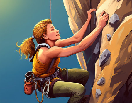 A determined athlete climbs a rugged cliff, embracing the excitement of extreme sports outdoors.の素材