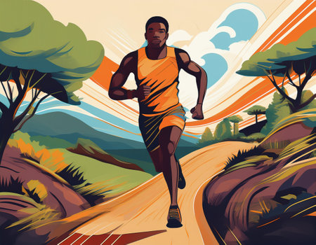 african american runner sprints along a winding path surrounded by nature beauty and vibrant colors.の素材