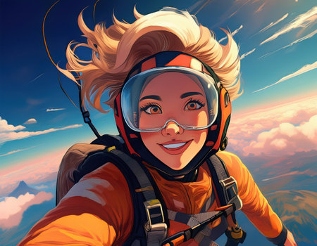 A skydiver smiles joyfully while freefalling through vibrant clouds at sunset.の素材