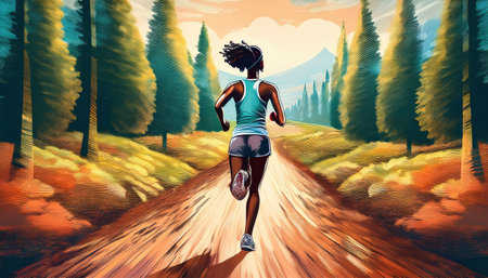 Dynamic runner navigates a scenic forest path, surrounded by colorful trees and mountains.の素材
