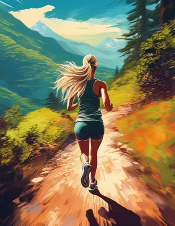 A blonde woman runs along a winding trail surrounded by vibrant nature, embracing adventure and freedom.の素材