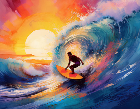 A skilled surfer rides a massive wave as the sun sets, showcasing the thrill of extreme sports.の素材