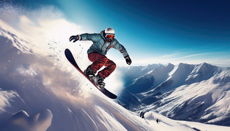 A snowboarder expertly maneuvers down a snowy slope with majestic mountains in the background.の素材