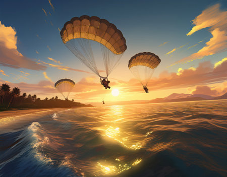 Adventurers glide through the sky, parachutes billowing against a vibrant sunset backdrop.の素材