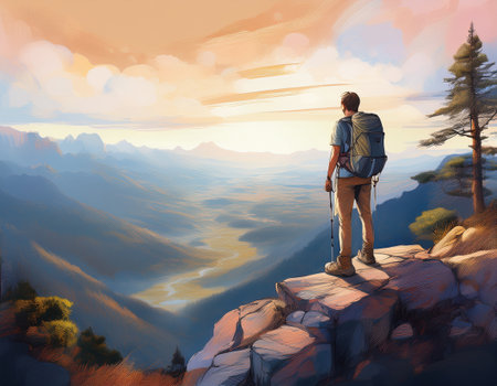 A hiker gazes at expansive mountains while enjoying a stunning sunset view above valleys.の素材