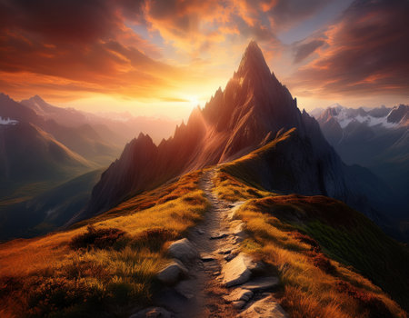 A stunning mountain trail at sunset featuring a winding trailの素材