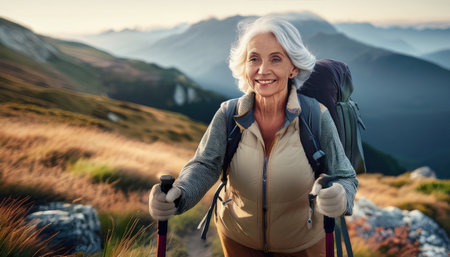 Experienced hiker enjoys the trail in stunning mountains at sunrise, showcasing resilience and joy.の素材