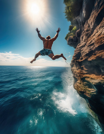 Athletic adventurer performs a thrilling jump into the ocean from a high cliff under a vibrant skyの素材