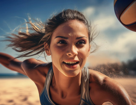 A determined player lunges towards the ball during an exciting beach volleyball match.の素材