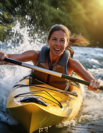 A skilled woman paddles through swift river currents, embracing the thrill of adventure.の素材