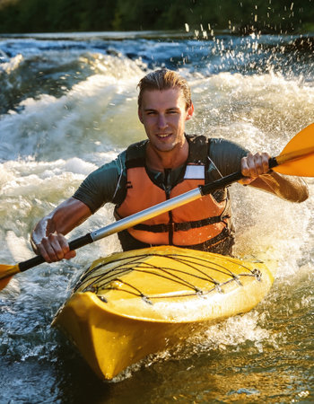 A skilled kayaker navigates through cool, rushing waters while enjoying the thrill of the sport.の素材