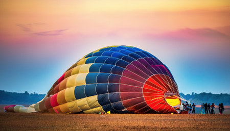 A stunning hot air balloon inflates at sunset, painting a vibrant horizon for awaiting adventurers.の素材