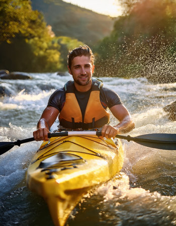 A kayaker navigates rushing waters during a vibrant sunset adventure.の素材