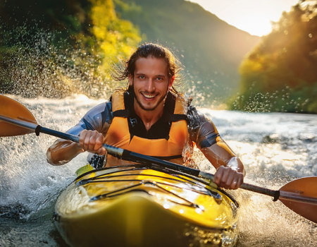 A skilled kayaker paddles vigorously through white water rapids, surrounded by lush greenery.の素材