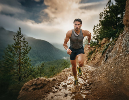 Adventurer tackles a steep mountain trail, pushing limits amidst stunning natural beauty.の素材