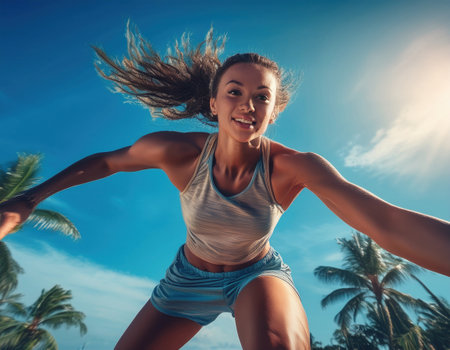 A dynamic parkour athlete  showcases athleticism, gliding gracefully against a bright blue sky.の素材