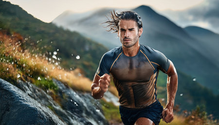 Dynamic athlete races through challenging mountain landscape under a dramatic sky.の素材