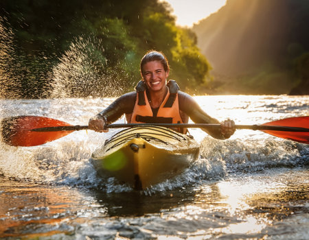 An athlete kayaks through shimmering waters, splashing droplets in the golden sunlight.の素材
