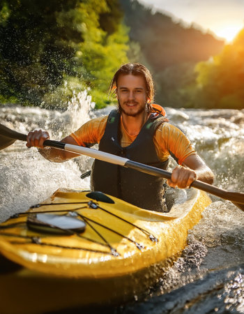 A young man paddles vigorously in a bright yellow kayak through rapid waters during sunset.の素材