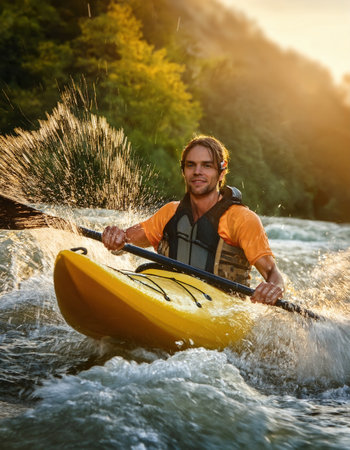 A skilled adventurer skillfully paddles through rushing waters, splashes soaring around.の素材