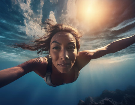 A diver gracefully glides through crystal-clear waters, embracing the thrill of exploration.の素材