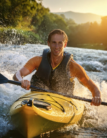 A man skillfully navigates turbulent waters while kayaking at sunset, embracing adventure.の素材