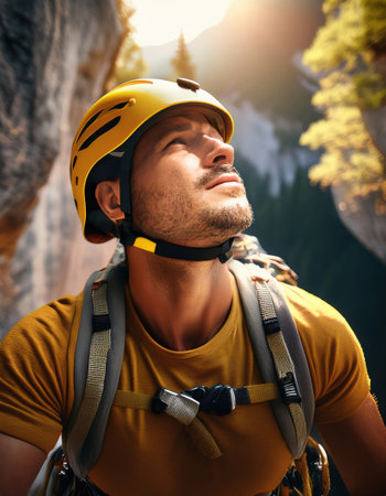 Muscular adventurer with climbing gear admires the stunning cliffs above as sunlight glows.の素材