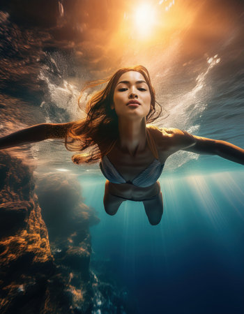 A woman swims effortlessly beneath the shimmering surface, embracing the thrill of the depths.の素材