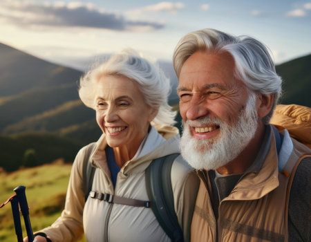 A joyful couple explores breathtaking mountain trails at sunset, embracing adventure together.の素材
