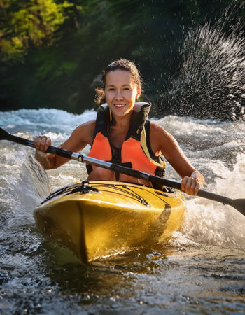 A woman enjoys kayaking through a rapid river, splashing water in the warm sunlit afternoon.の素材