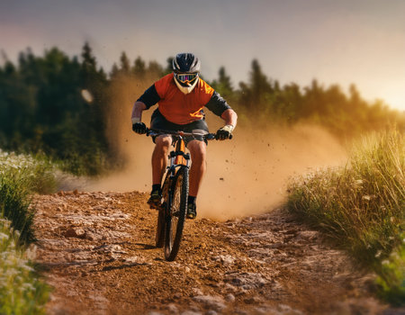 Rider speeds along a dusty trail, showcasing athleticism against a stunning sunset backdrop.の素材