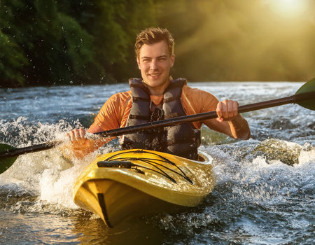 A young adventurer paddles a bright yellow kayak, splashing through rushing water during sunset.の素材