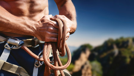 Intensely focused on the climb ahead, a muscular and shirtless climber readies the rope at a stunning outdoor location.の素材