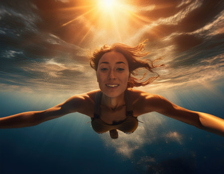 A happy woman dives underwater, enjoying the thrill of the moment as sunlight filters through.の素材