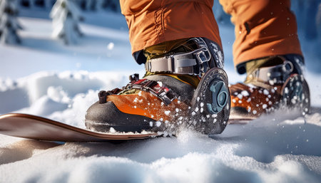 Athlete enjoys snowboarding over fresh snow in a beautiful winter landscape.の素材